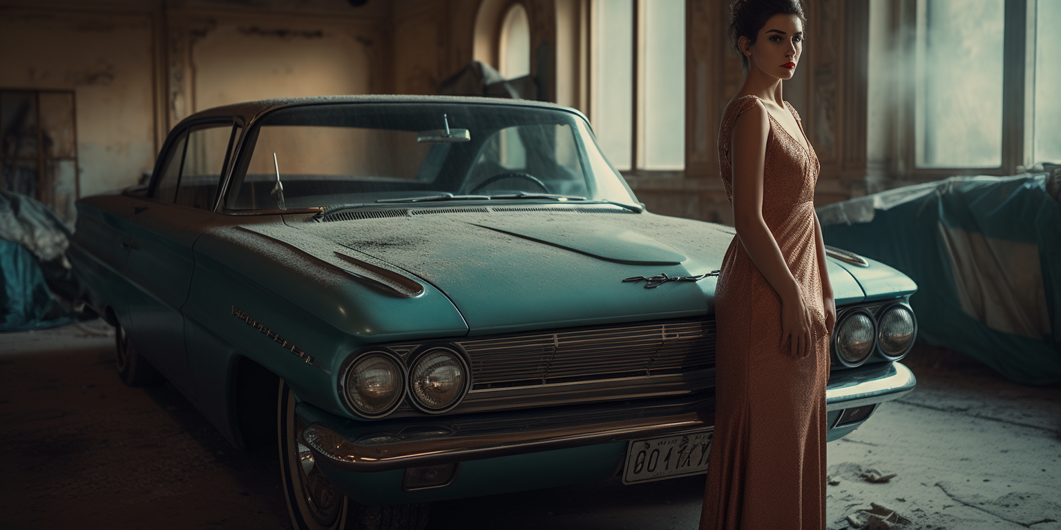 A teenage girl with a dusty classic collectible automobile